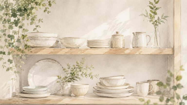 棚に並ぶ白い食器のイラスト