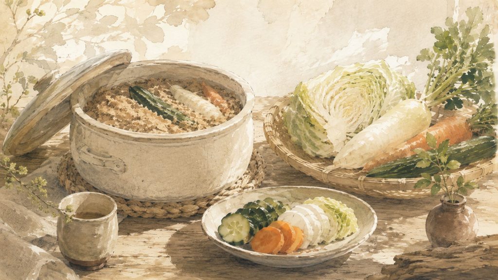 ぬか床と野菜のイラスト