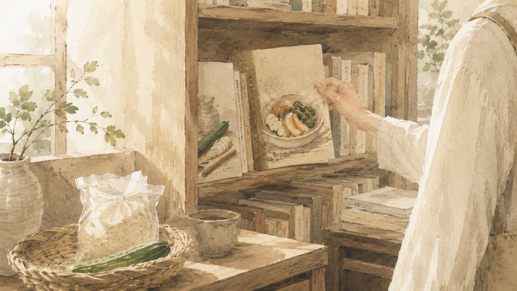 本棚とぬか漬けのイラスト