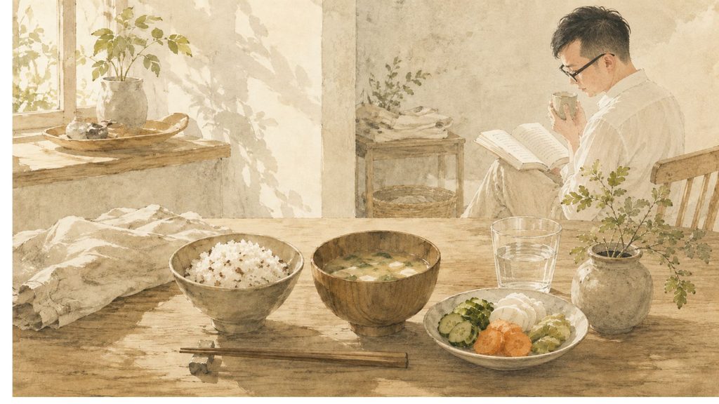 食卓で本を読むレン・ヤジマのイラスト